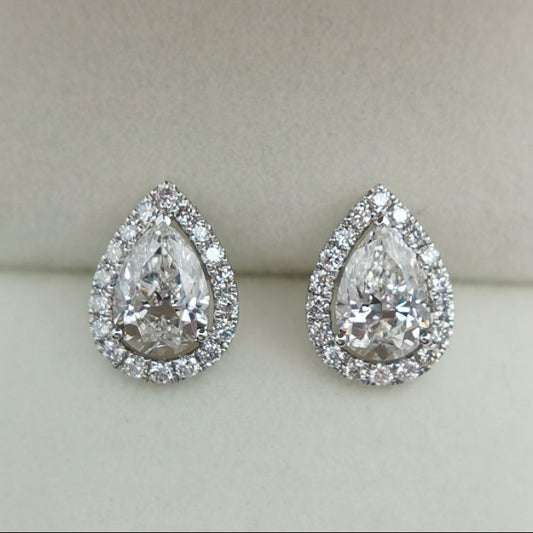 Pear Cut Colorless Classic Halo Moissanite Stud Earrings Gift For Wife, Mother, Daughter