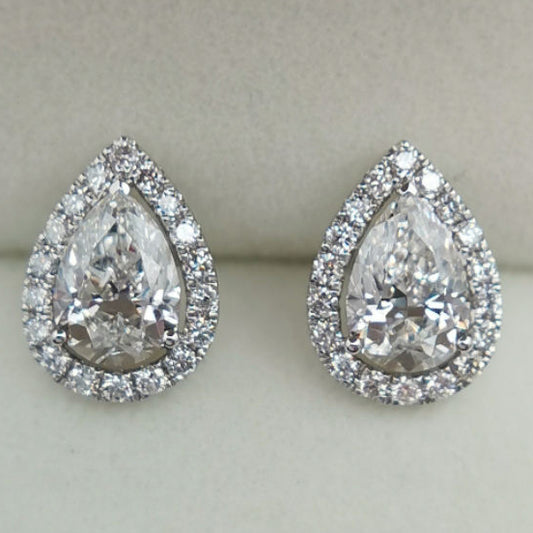 Pear Cut Colorless Classic Halo Moissanite Stud Earrings Gift For Wife, Mother, Daughter