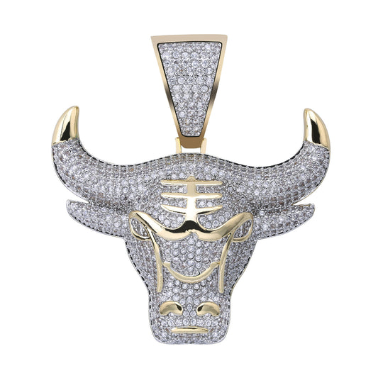 Hip Hop Moissanite Paved Ox Bull Head Pendant Necklace In 925 Sterling Silver For Rapper Men
