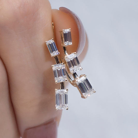 14K Yellow Gold Emerald Cut Moissanite Ear Climbers Earring For Women