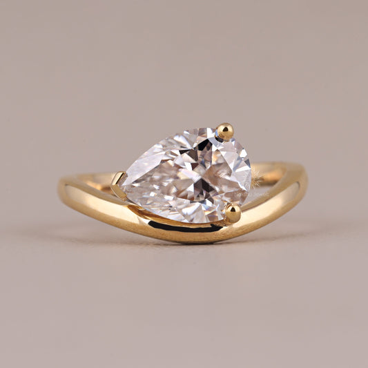 East West Pear Cut Moissanite Curved Engagement Ring In 14K Yellow Gold Wedding Wave Ring For Women