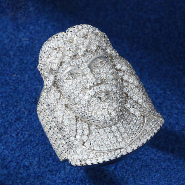 Round Moissanite Fully Iced Out Ring, Jesus Head Hip Hop Jewelry Rings