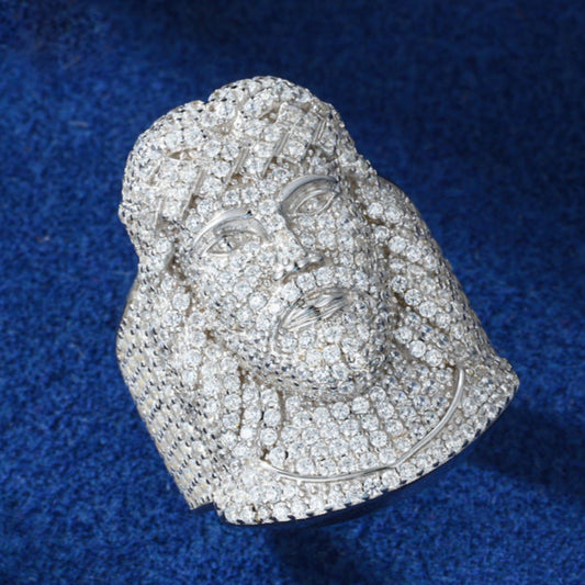 Round Moissanite Fully Iced Out Ring, Jesus Head Hip Hop Jewelry Rings