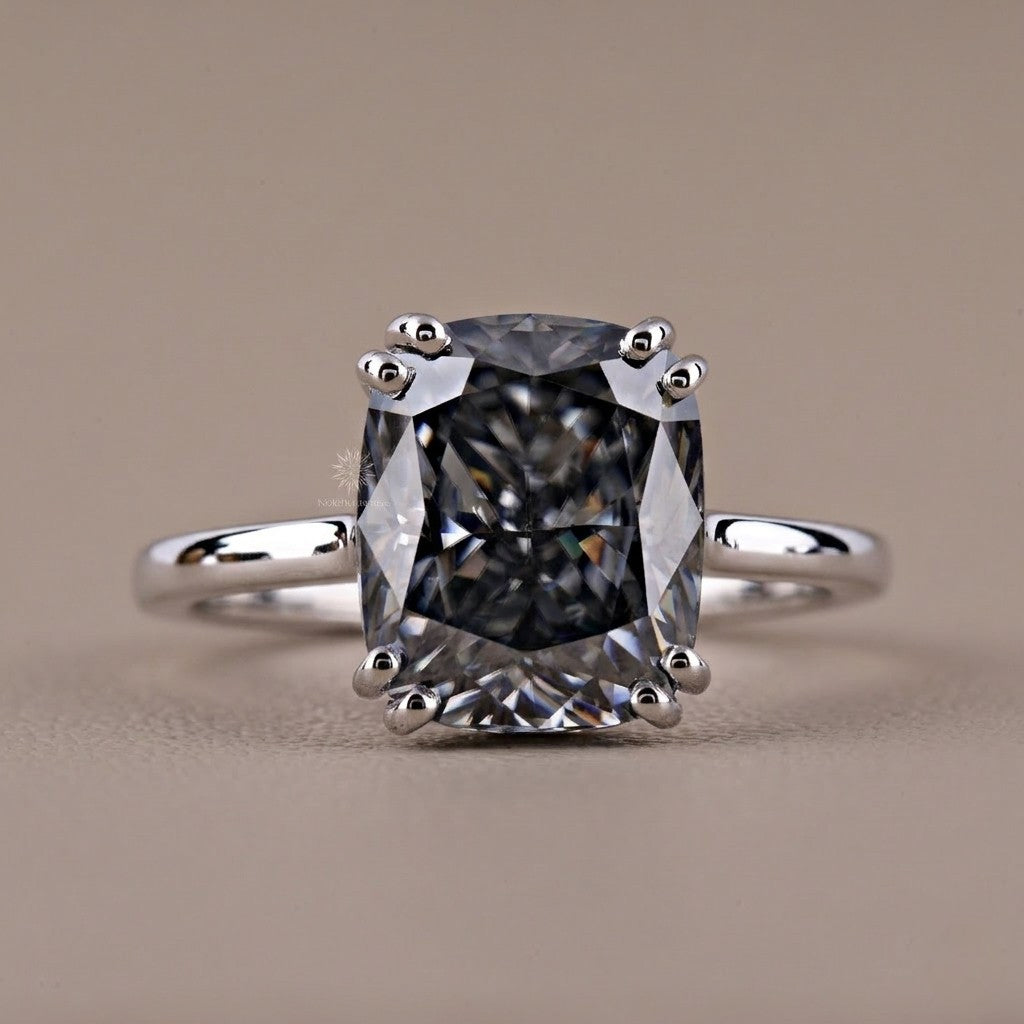 Elongated Cushion Cut Grey Moissanite Engagement Ring Hidden Halo Wedding Rings Unique Double Claw Prongs Setting Diamond