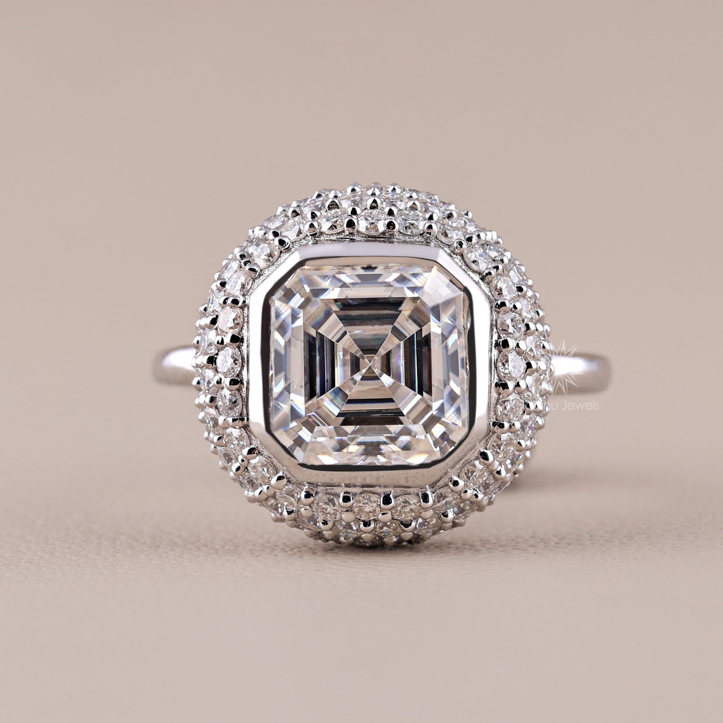 Stunning Bezel Set Asscher Cut Moissanite Pave Dome Engagement Ring