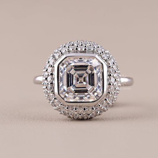 Stunning Bezel Set Asscher Cut Moissanite Pave Dome Engagement Ring