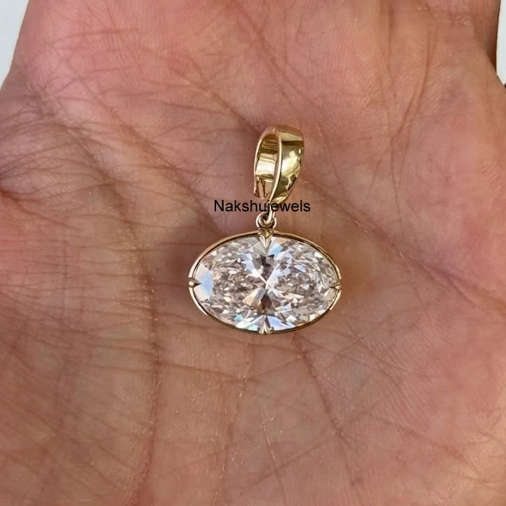 East West 3 Ct Oval Cut Moissanite Bezel Set 14k Gold Stunning Diamond Pendant For Women's