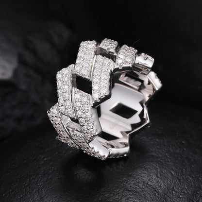 Iced Out Miami Cuban Link Chain Rings, Moissanite Hip Hop Jewelry Ring For Men