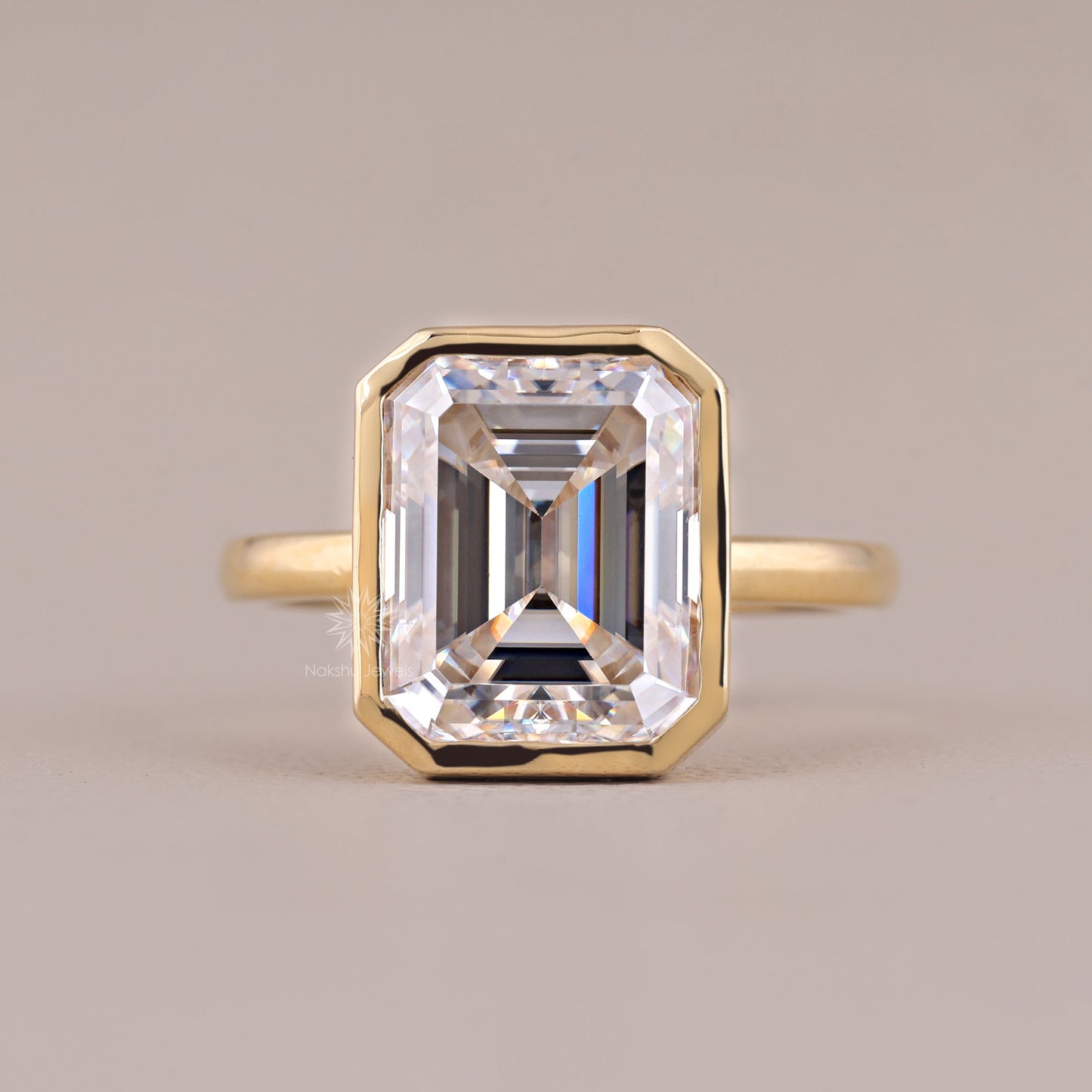 Bezel Set Emerald Cut Moissanite Solitaire Engagement Wedding Ring