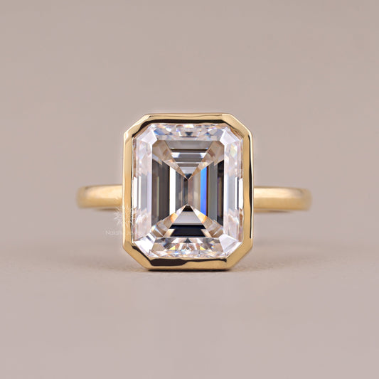 Bezel Set Emerald Cut Moissanite Solitaire Engagement Wedding Ring
