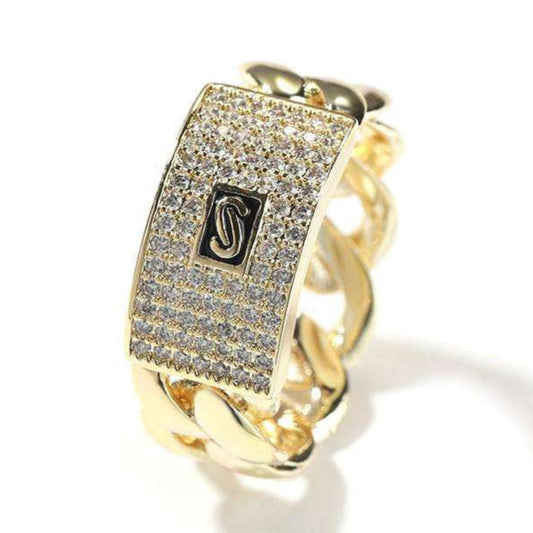 Round Moissanite Hip Hop Cuban Link Chain Rings, Iced Out Rings For Men