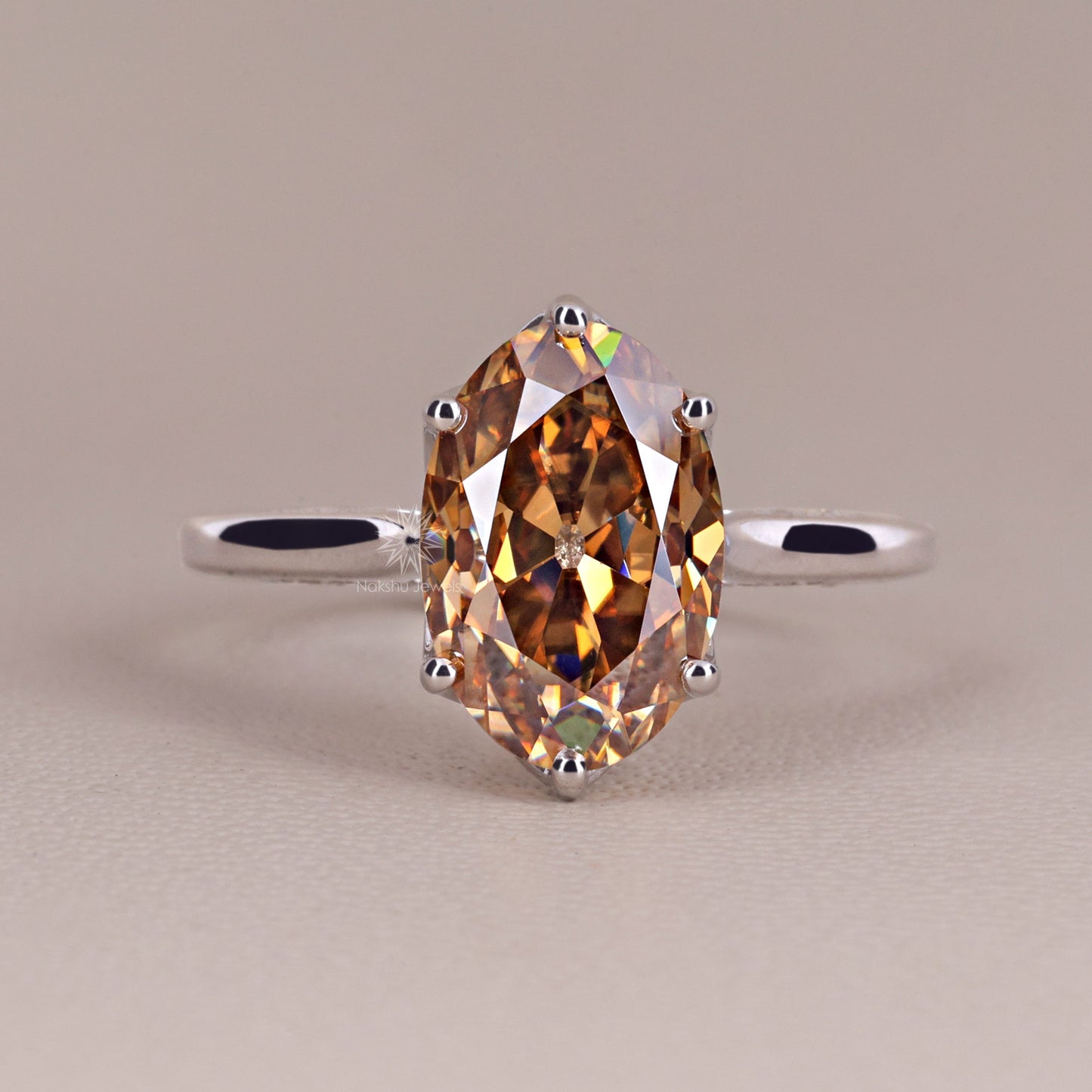 Old Mine Champagne Oval Cut Moissanite Tulip Setting Solitaire Engagement Wedding Ring