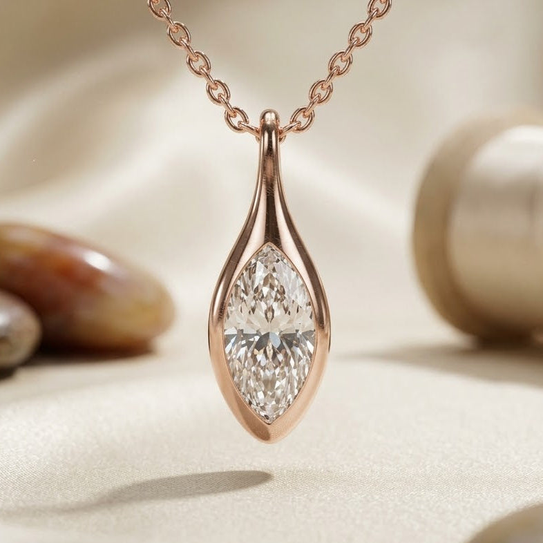 14K Solid Gold Marquise Cut Moissanite Bezel Set Solitaire Pendant For Women and Girls