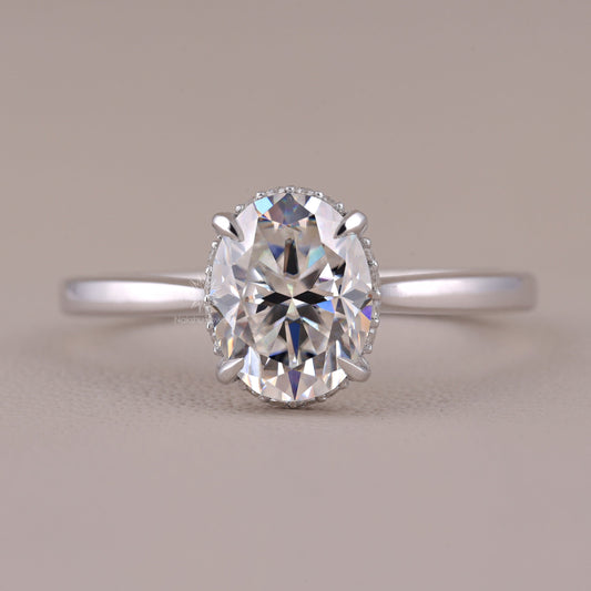 Hidden Halo Oval Cut Moissanite Solitaire Engagement Wedding Ring For Women