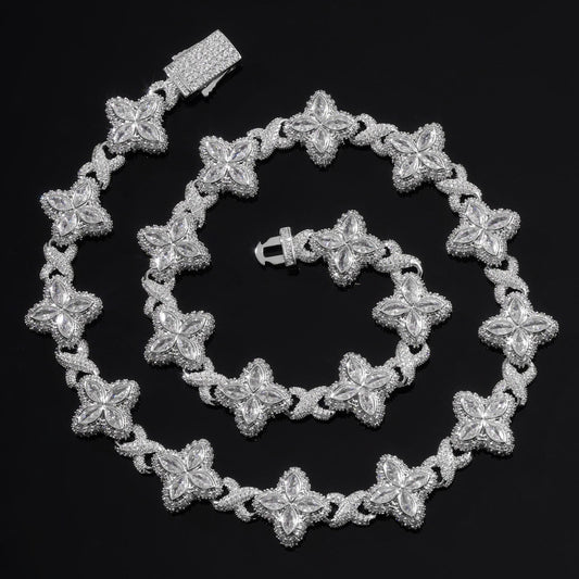 Fully Iced Out Moissanite Four Leaf Clover Chain Necklace, Moissanite Rapper Hip Hop Chain Jewelry