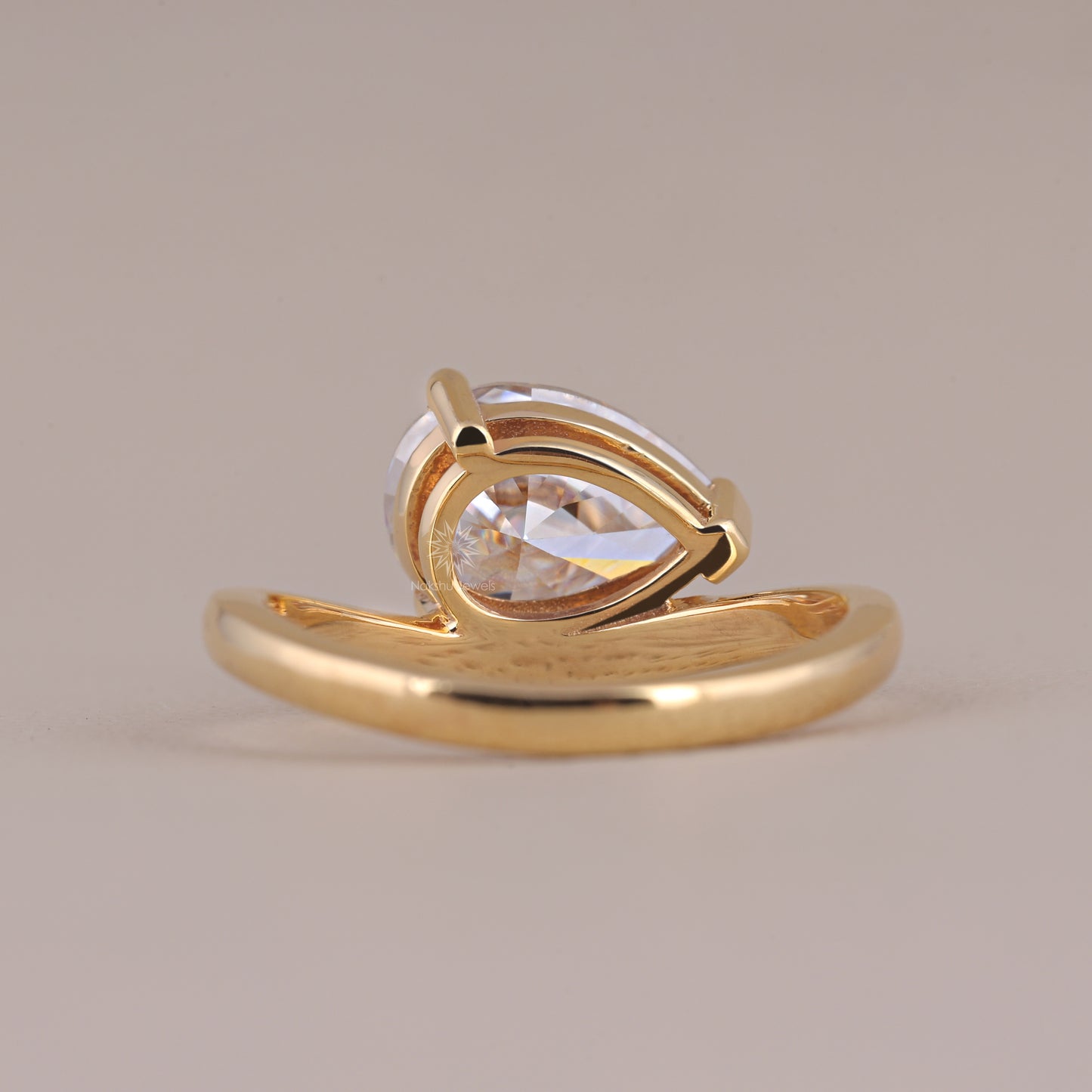 East West Pear Cut Moissanite Curved Engagement Ring In 14K Yellow Gold Wedding Wave Ring For Women