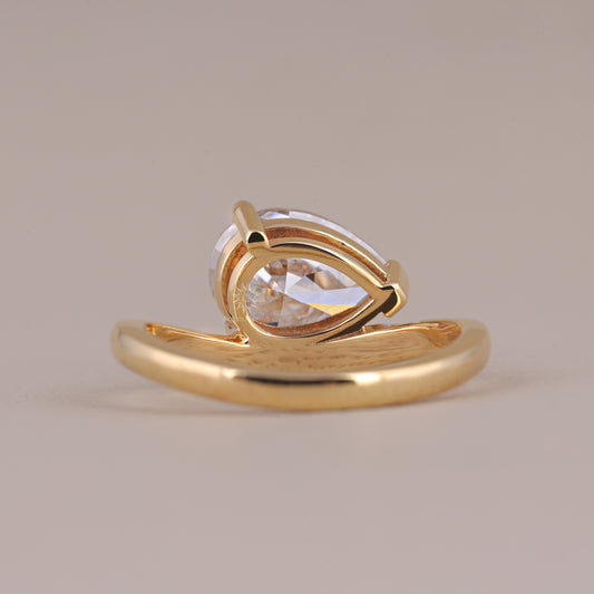 East West Pear Cut Moissanite Curved Engagement Ring In 14K Yellow Gold Wedding Wave Ring For Women