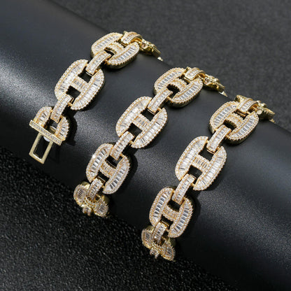 Iced Out Baguette Cut Moissanite Miami Gucci Link Chain Necklace, Moissanite Hip Hop Jewelry