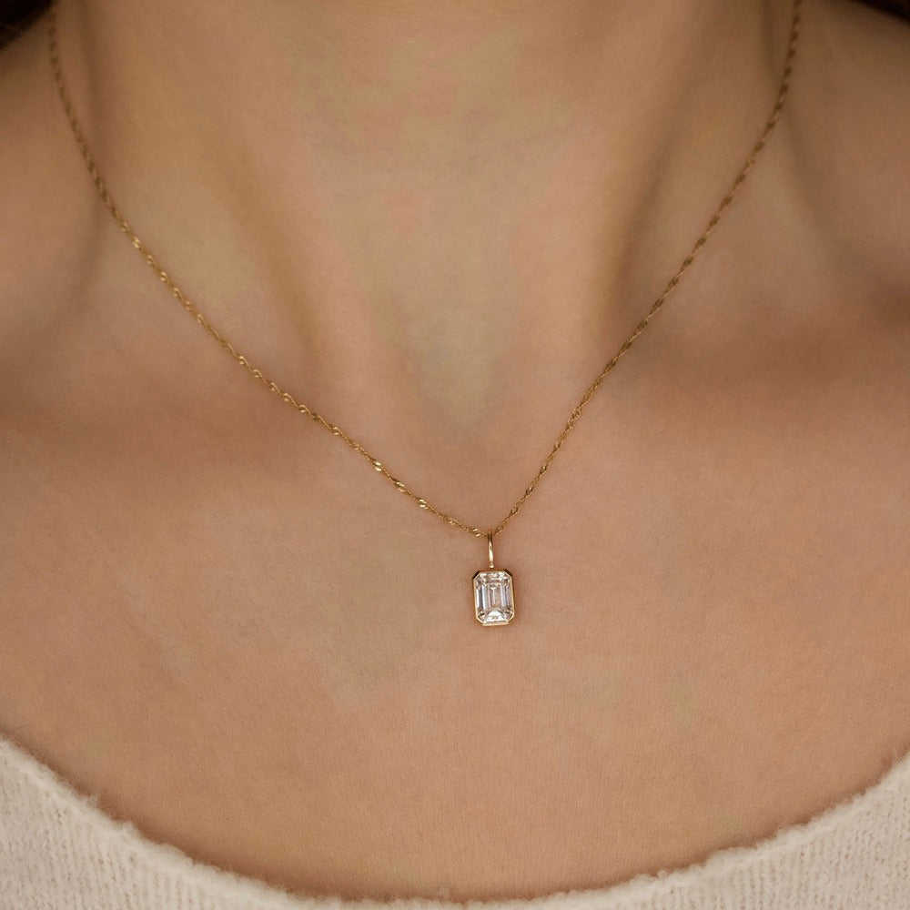 14K Solid Gold Emerald Cut Moissanite Bezel Set Solitaire Pendant For Women and Girls Only Pendant