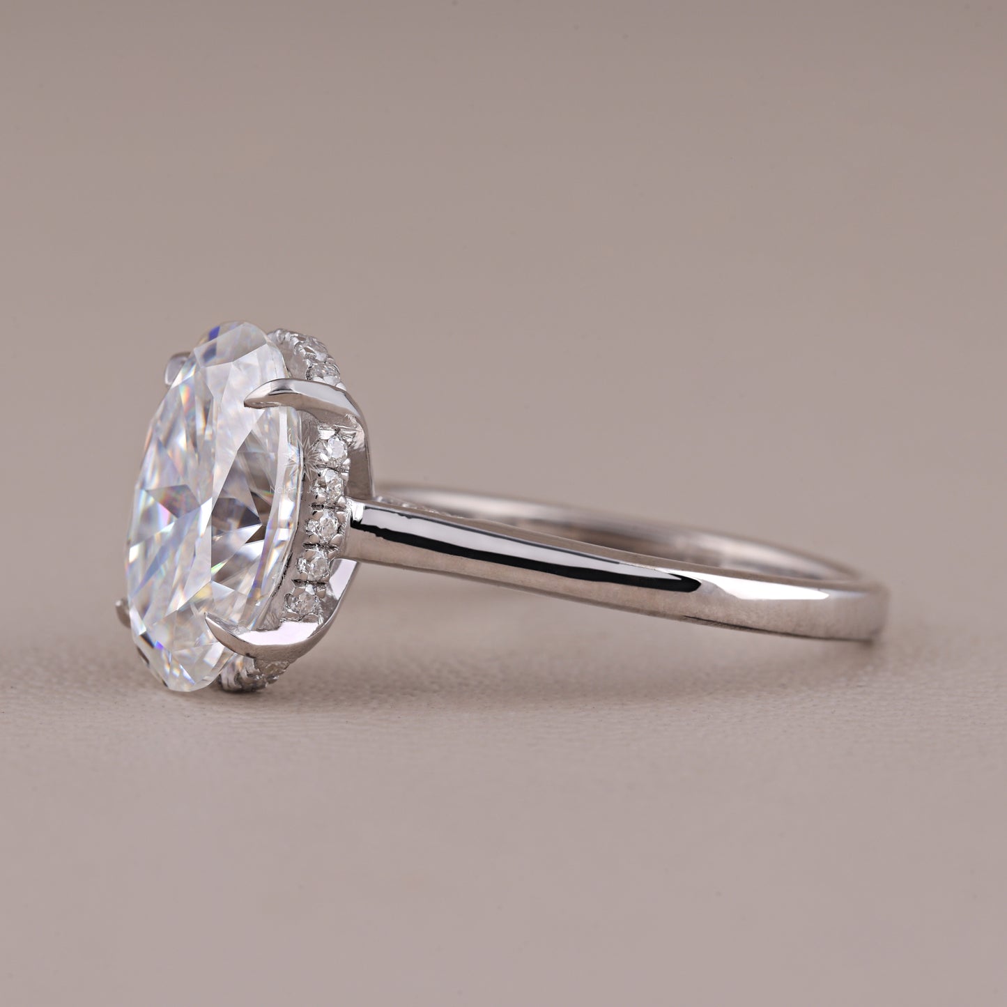 Solitaire Oval Cut Moissanite  Hidden Halo Engagement Ring In Solid Gold In Cathedral Setting Ring