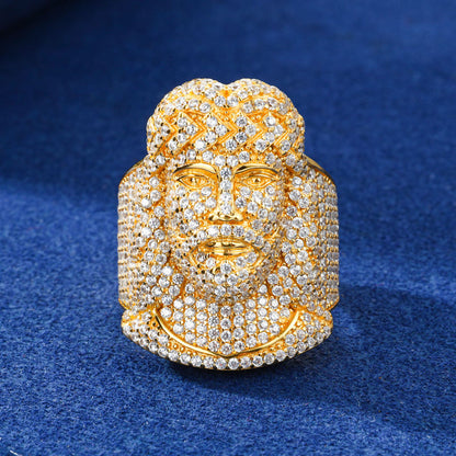 Round Moissanite Fully Iced Out Ring, Jesus Head Hip Hop Jewelry Rings