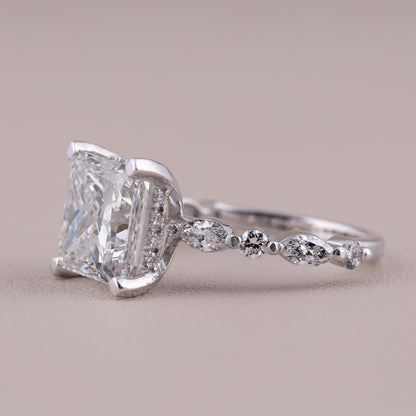 Princess Cut Moissanite Engagement Ring, White Gold Bubble Band Stacking Wedding Ring