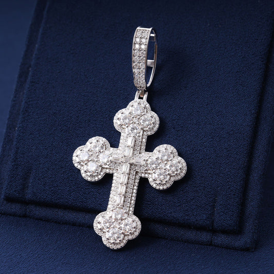 Iced Out Round & Baguette Moissanite Hip Hip Cross Pendant For Men Rapper Charm Jewelry