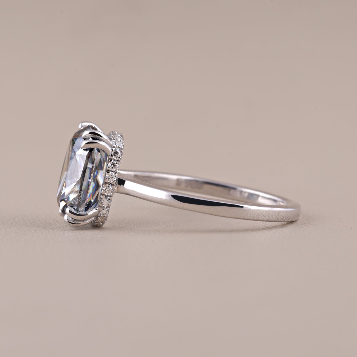 Elongated Cushion Cut Grey Moissanite Engagement Ring Hidden Halo Wedding Rings Unique Double Claw Prongs Setting Diamond
