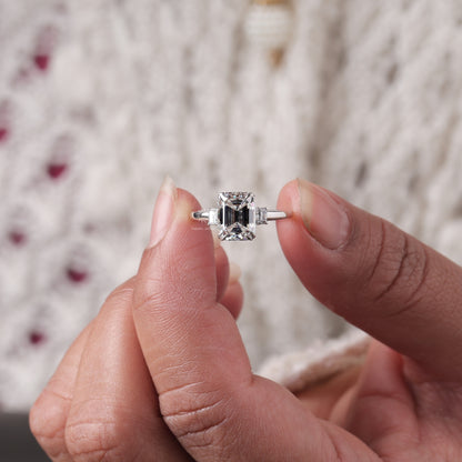 Emerald Cut Moissanite Three Stone Engagement Ring, 14K Gold 3 Stone Wedding Ring For Women