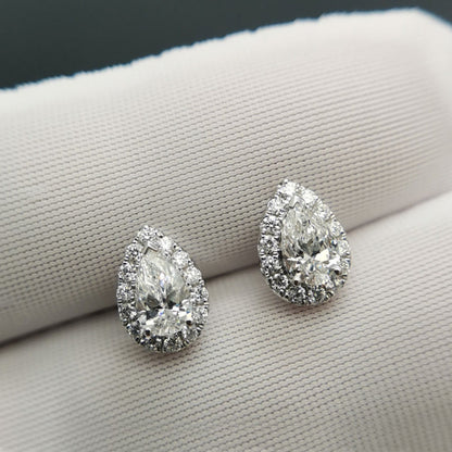 Pear Cut Colorless Classic Halo Moissanite Stud Earrings Gift For Wife, Mother, Daughter