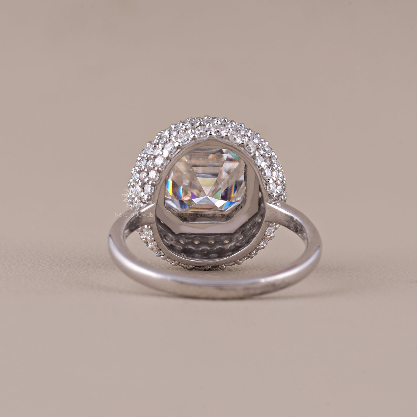 Stunning Bezel Set Asscher Cut Moissanite Pave Dome Engagement Ring