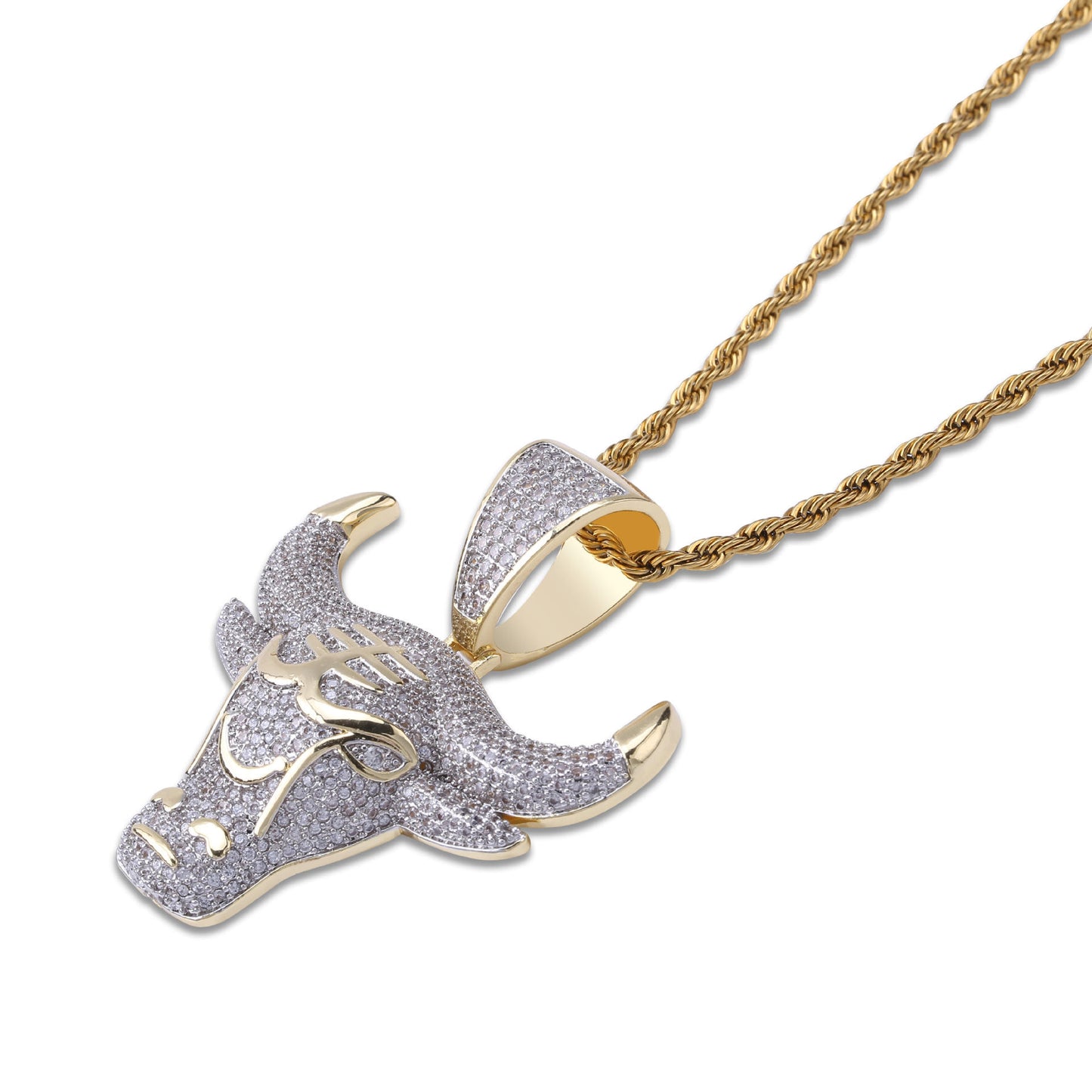Hip Hop Moissanite Paved Ox Bull Head Pendant Necklace In 925 Sterling Silver For Rapper Men