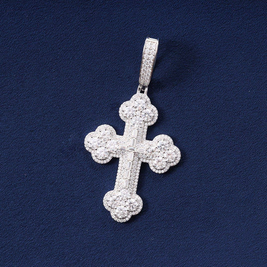 Iced Out Round & Baguette Moissanite Hip Hip Silver Cross Pendant For Men Rapper Charm Jewelry