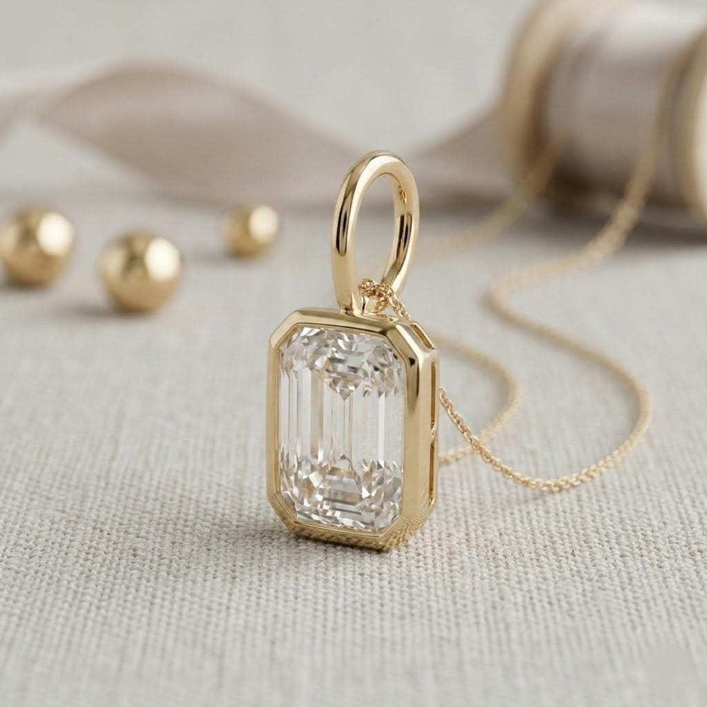 14K Solid Gold Emerald Cut Moissanite Bezel Set Solitaire Pendant For Women and Girls Only Pendant