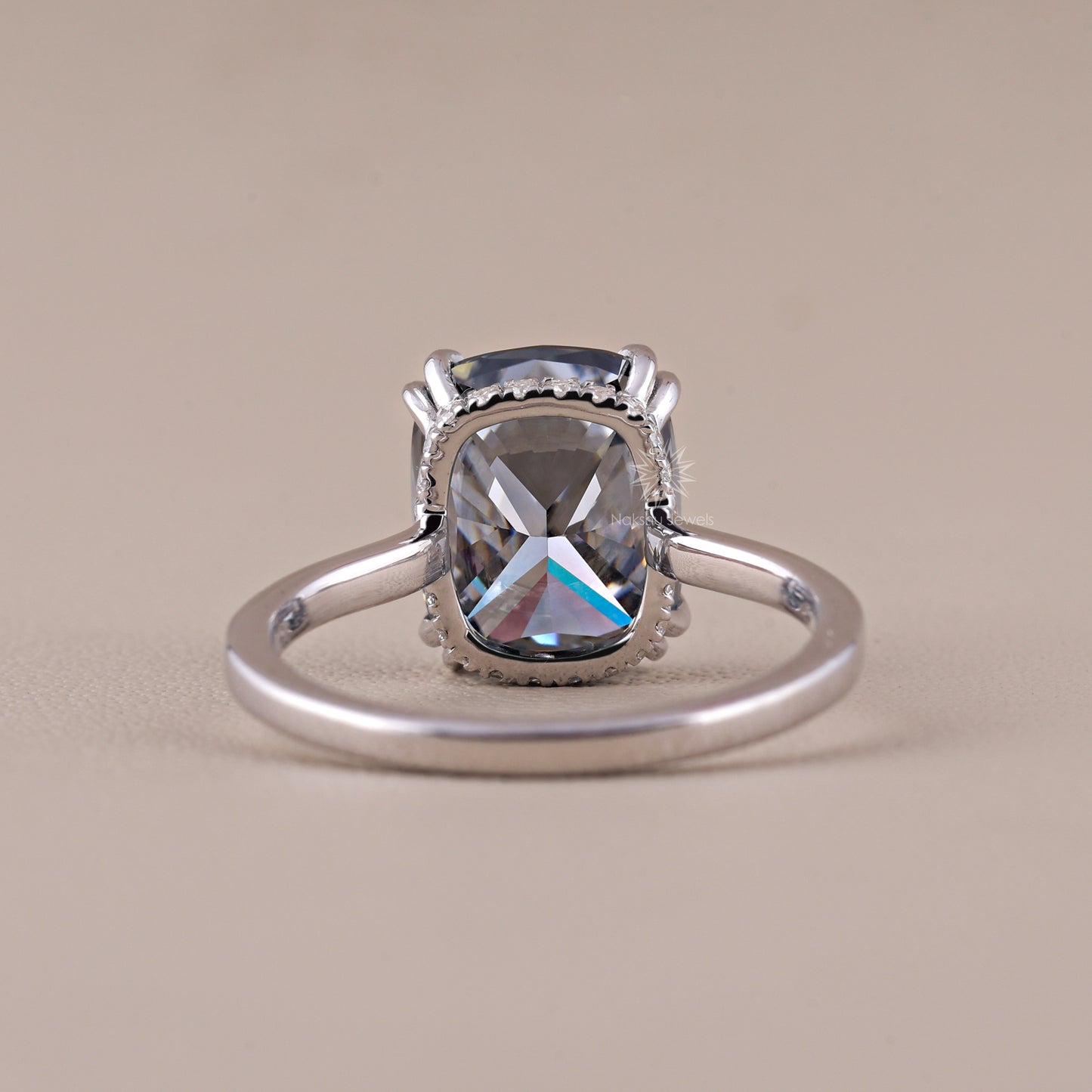 Elongated Cushion Cut Grey Moissanite Engagement Ring Hidden Halo Wedding Rings Unique Double Claw Prongs Setting Diamond