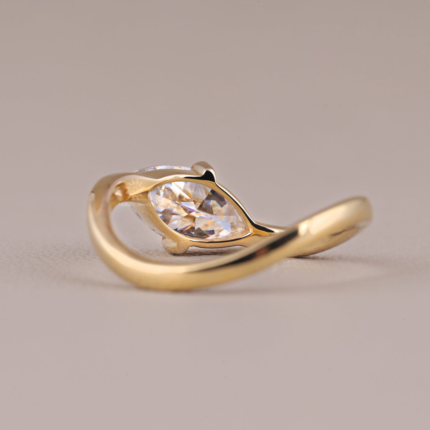 East West Marquise Cut Moissanite Solitaire Bypass Engagement Wedding Ring