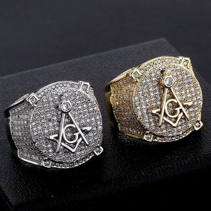iced out Moissanite Freemasons Symbol Masonic Ring - 925 Sterling Silver Hip Hop Ring