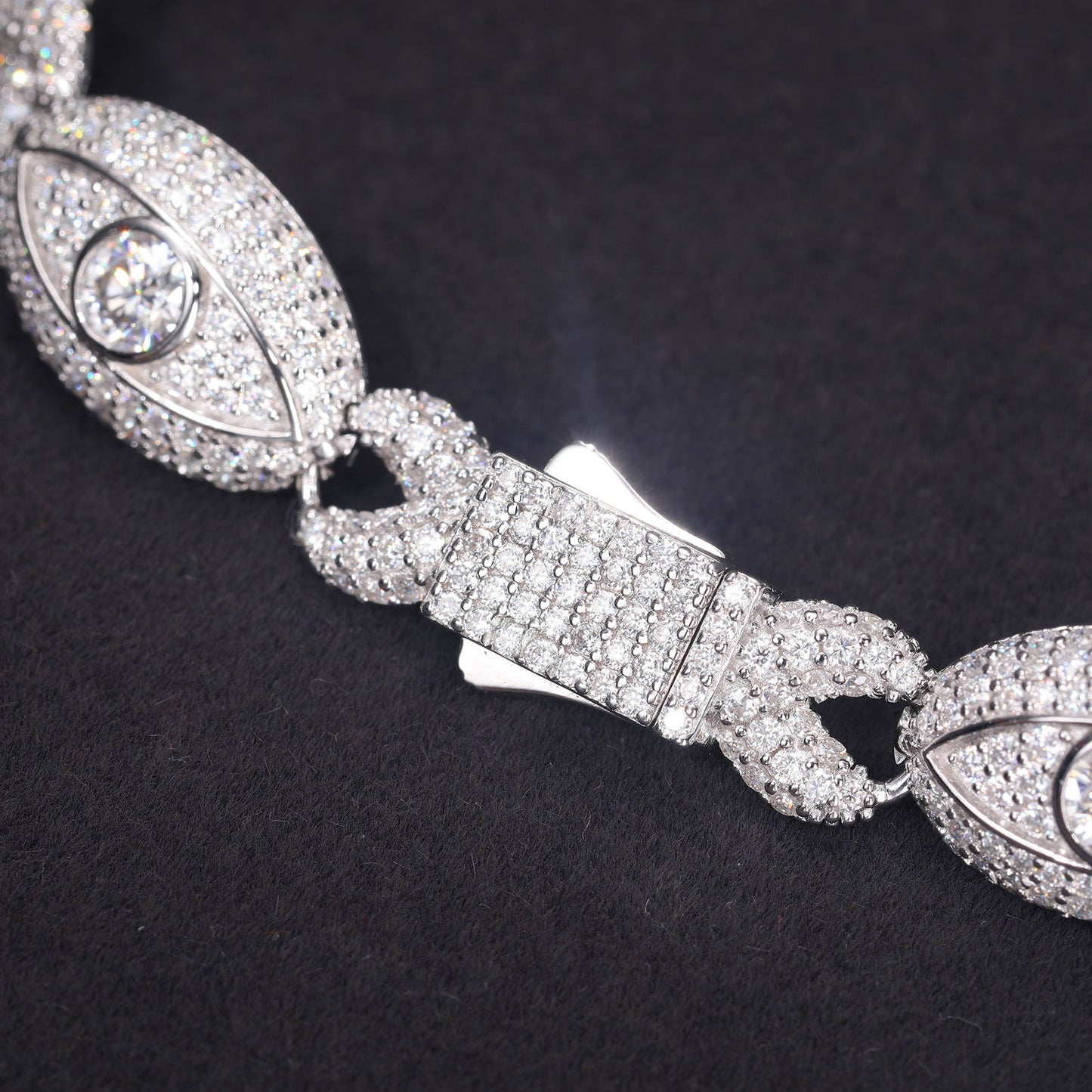Hip Hop Round Cut Moissanite 12mm Evil Eyes Cuban Link Chain Bracelet in 925 Sterling Silver For Men