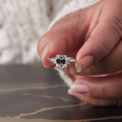 Emerald Cut Moissanite Three Stone Engagement Ring, 14K Gold 3 Stone Wedding Ring For Women