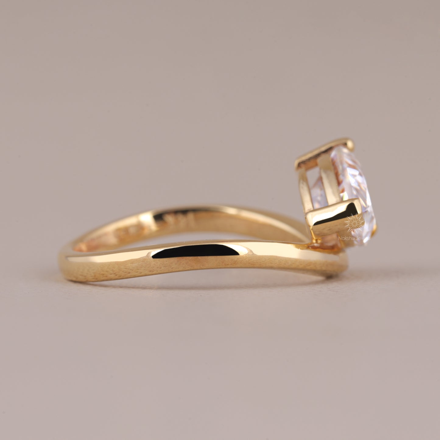 East West Pear Cut Moissanite Curved Engagement Ring In 14K Yellow Gold Wedding Wave Ring For Women