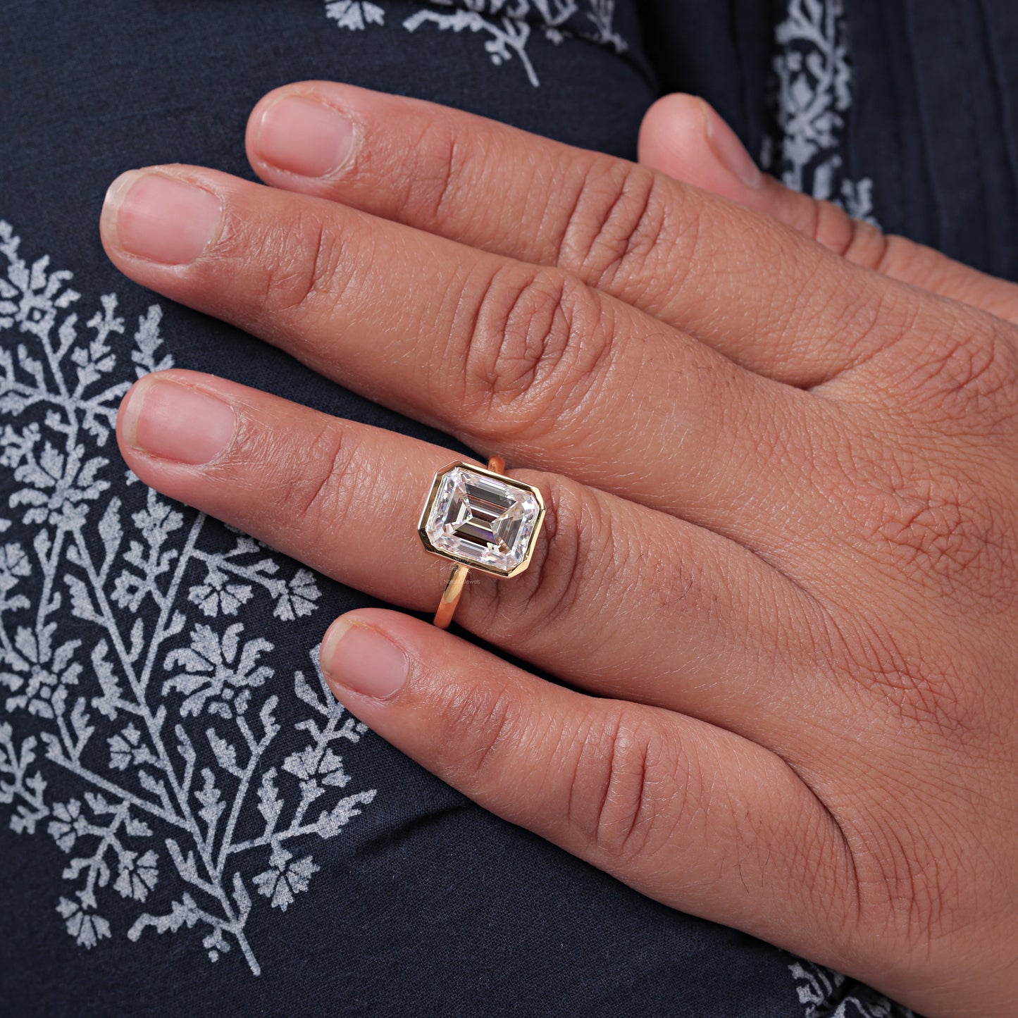 Bezel Set Emerald Cut Moissanite Solitaire Engagement Wedding Ring