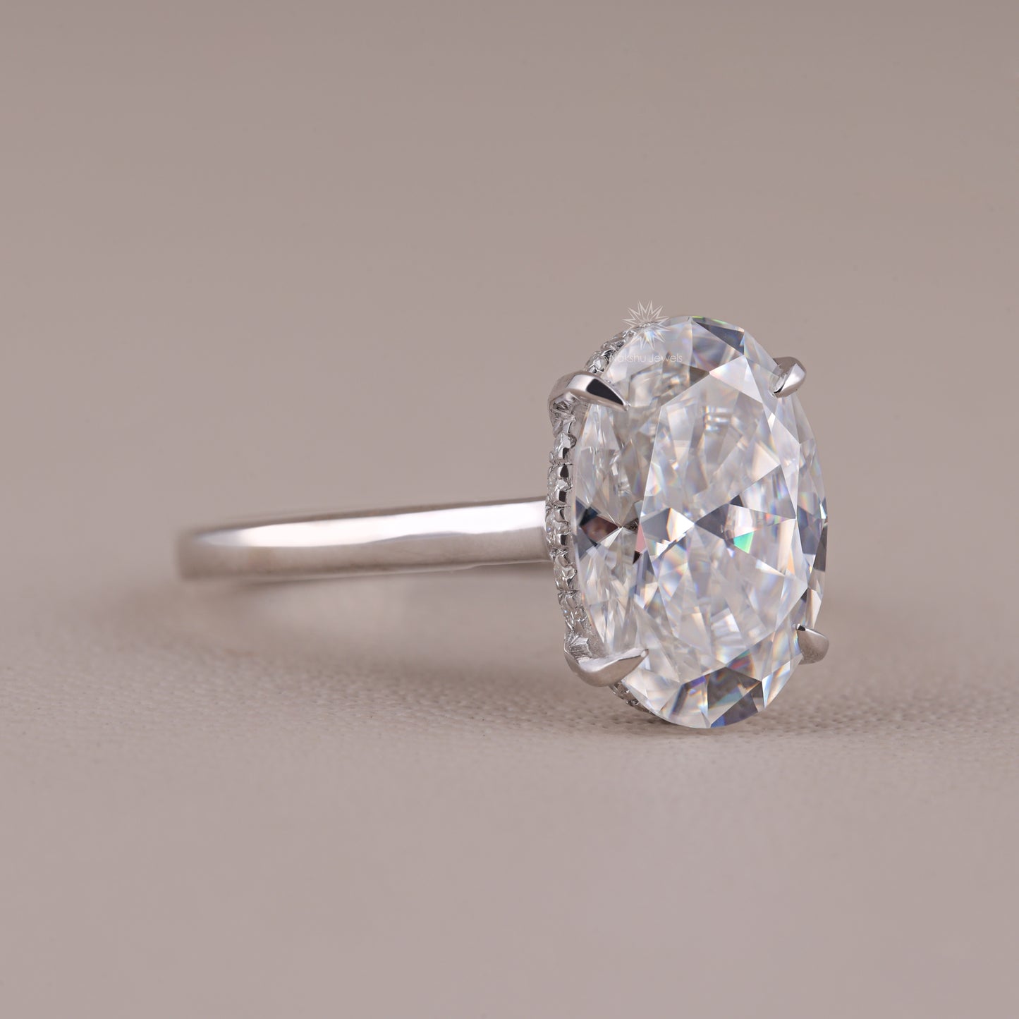 Solitaire Oval Cut Moissanite  Hidden Halo Engagement Ring In Solid Gold In Cathedral Setting Ring