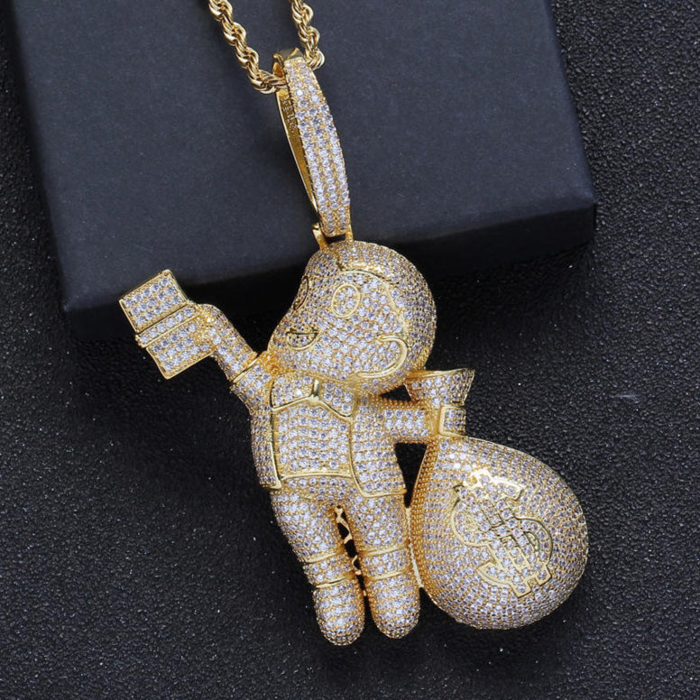 Hip Hop Iced Out Real Moissanite Men's Money Bag Pendant, S925 Sterling Silver Gold Plated Pendant