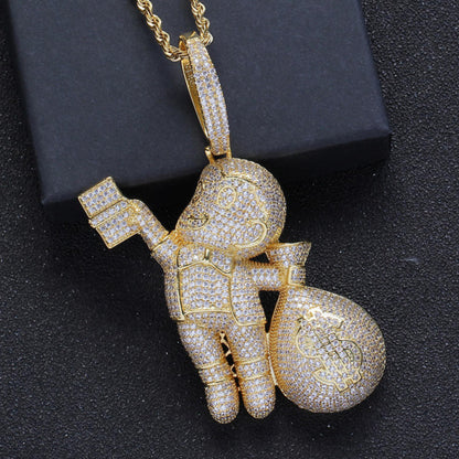 Hip Hop Iced Out Real Moissanite Men's Money Bag Pendant, S925 Sterling Silver Gold Plated Pendant