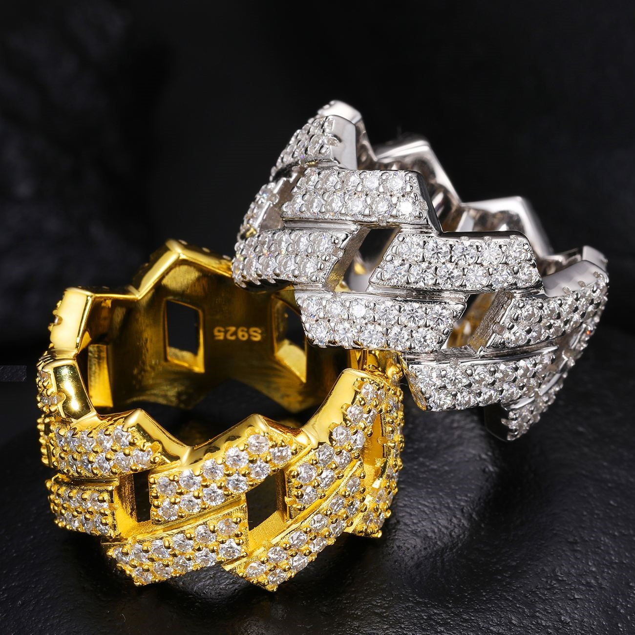 Iced Out Miami Cuban Link Chain Rings, Moissanite Hip Hop Jewelry Ring For Men