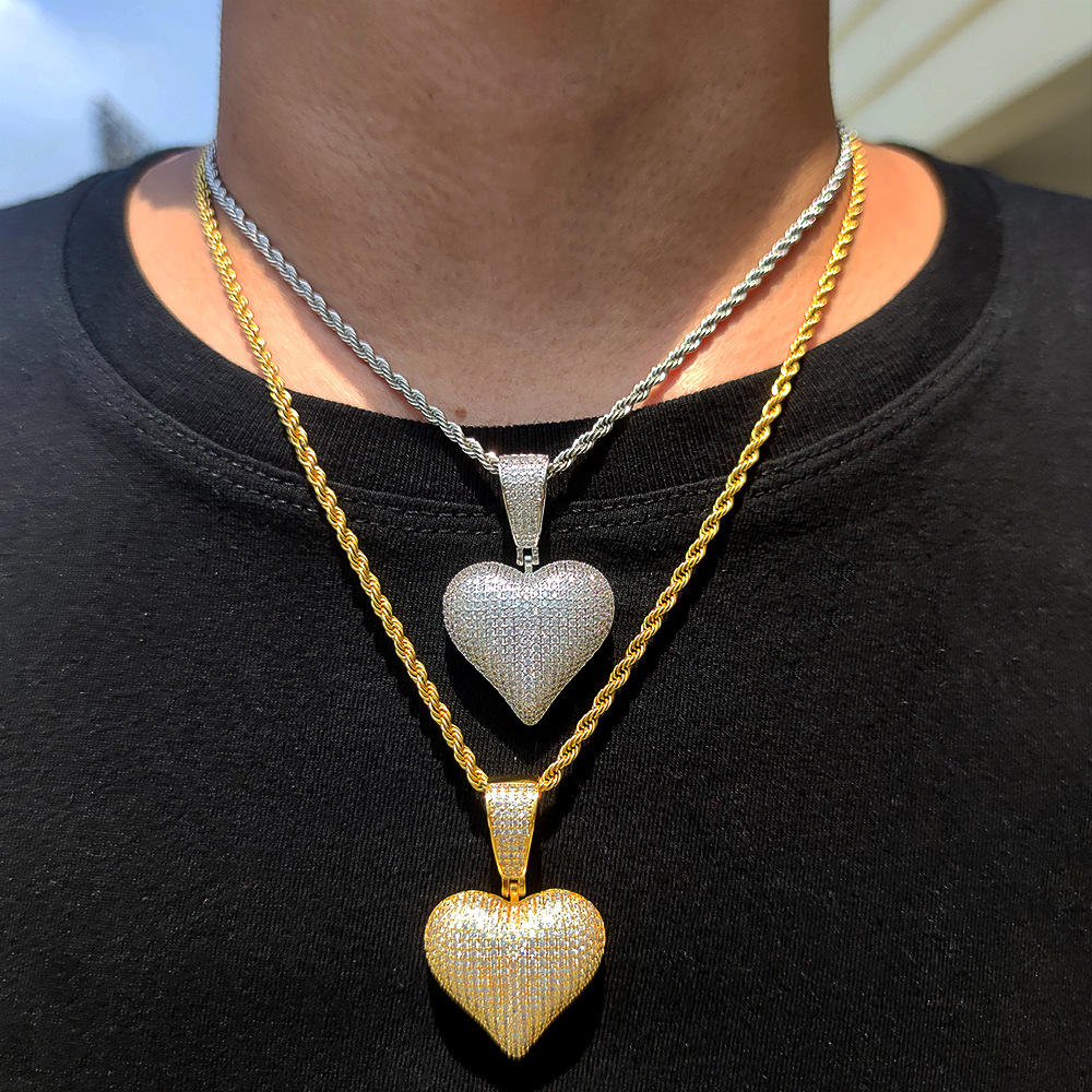 Hip Hop Paved Moissanite Diamond 3D Heart Iced Out Pendant Necklace For Men And Women