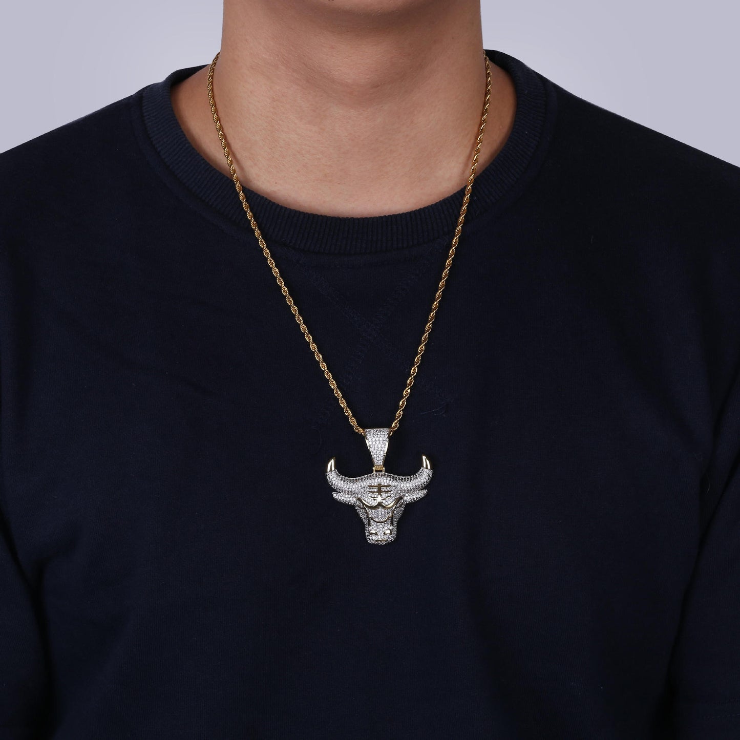 Hip Hop Moissanite Paved Ox Bull Head Pendant Necklace In 925 Sterling Silver For Rapper Men