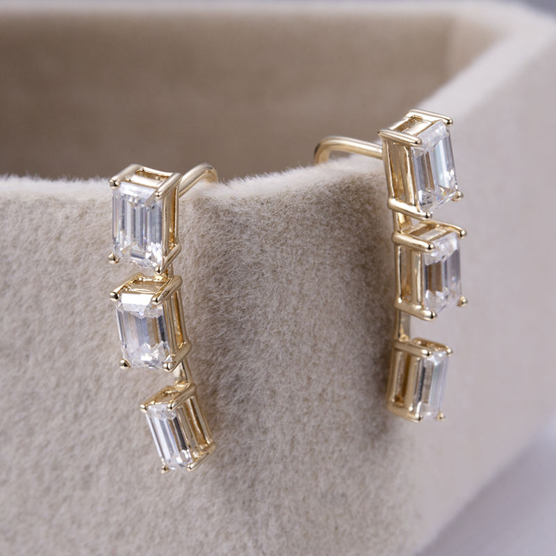 14K Yellow Gold Emerald Cut Moissanite Ear Climbers Earring For Women