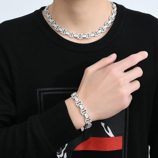 Fully Iced-Out Baguette Moissanite Hip Hop Silver Link Chain for Men - Rapper