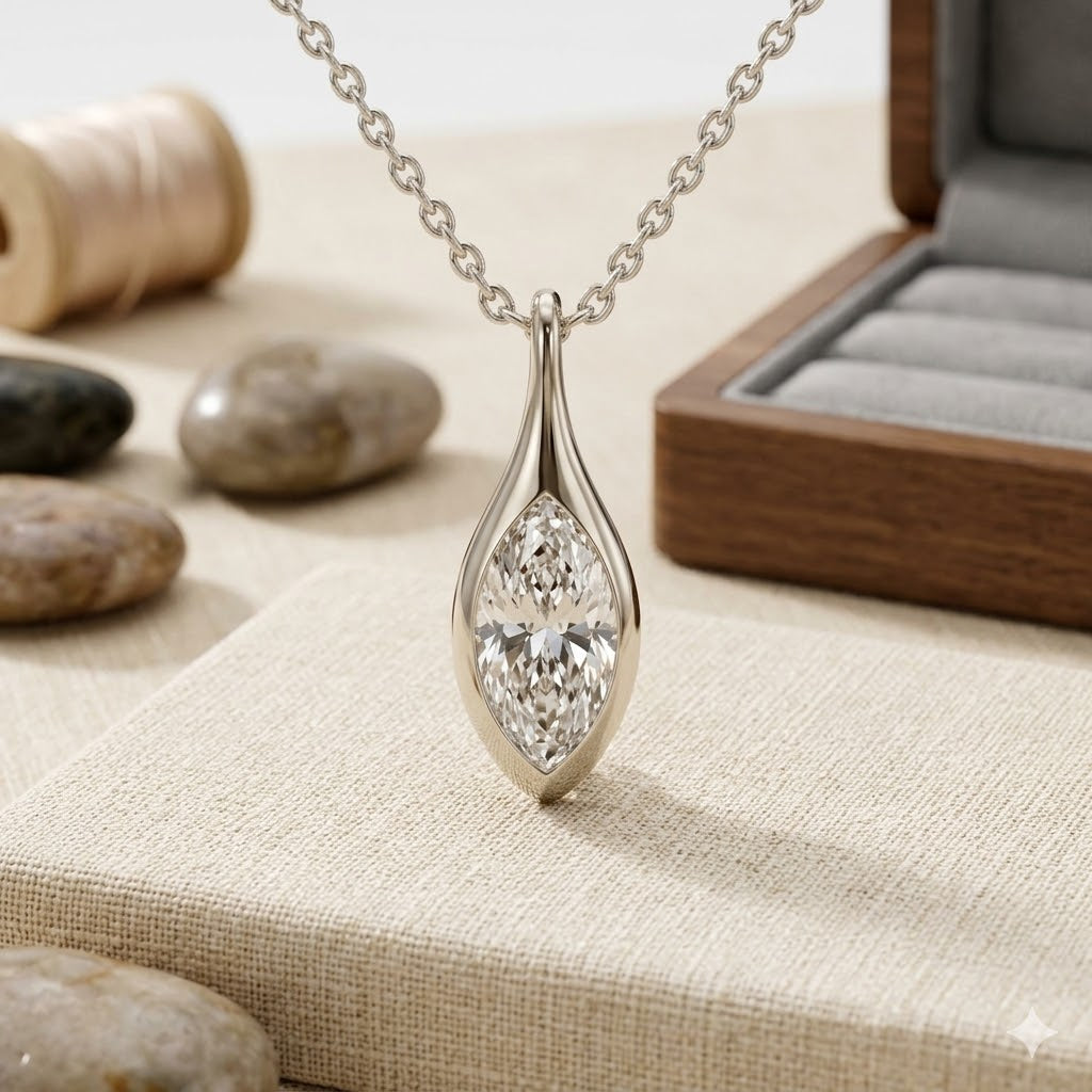 14K Solid Gold Marquise Cut Moissanite Bezel Set Solitaire Pendant For Women and Girls